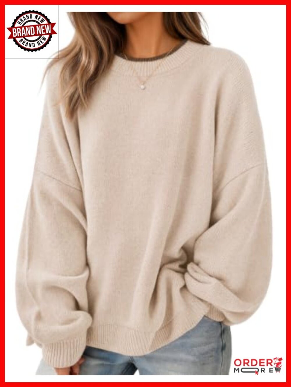 Oversized Crew Neck Pullover Sweater Batwing Sleeve Contrast Trim